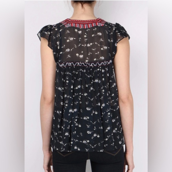 Ulla Johnson Top 100% Silk Embroidered Floral Anosha Women 8 Flutter Sleeve Boho - Picture 3 of 14